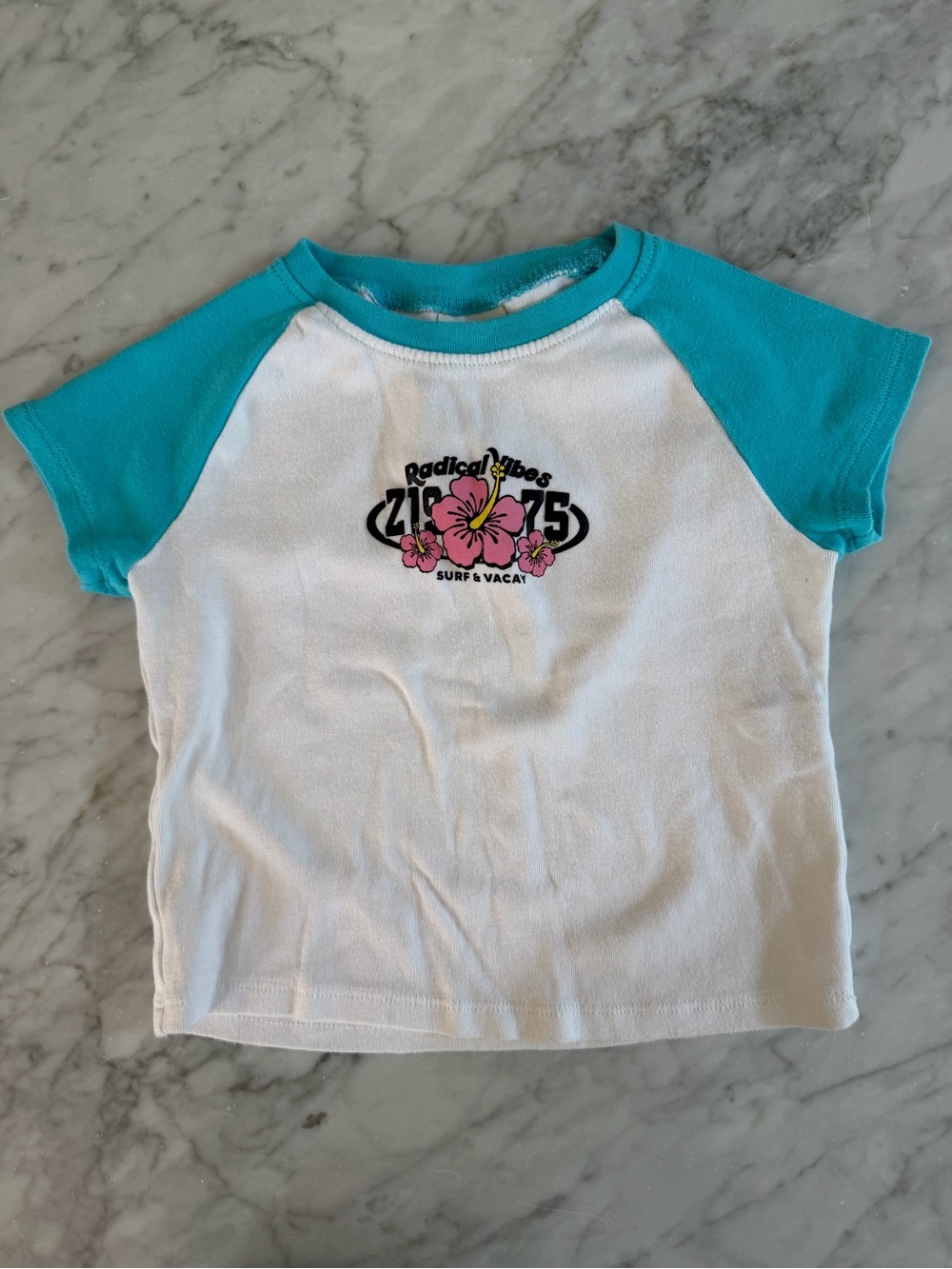 Zara White and Teal Raglan Tee with Surf Graphic